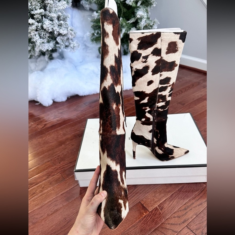 Steve Madden Nitro Brown Cow Print Real Fur Knee-High‎ Heeled Boots - Picture 9 of 12